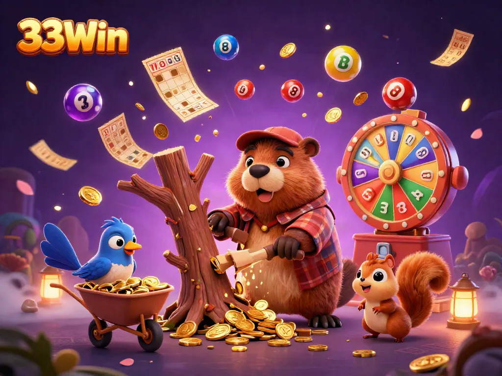 Experience thrilling wins at 33Win with a colorful 3D scene filled with vibrant gambling elements.
