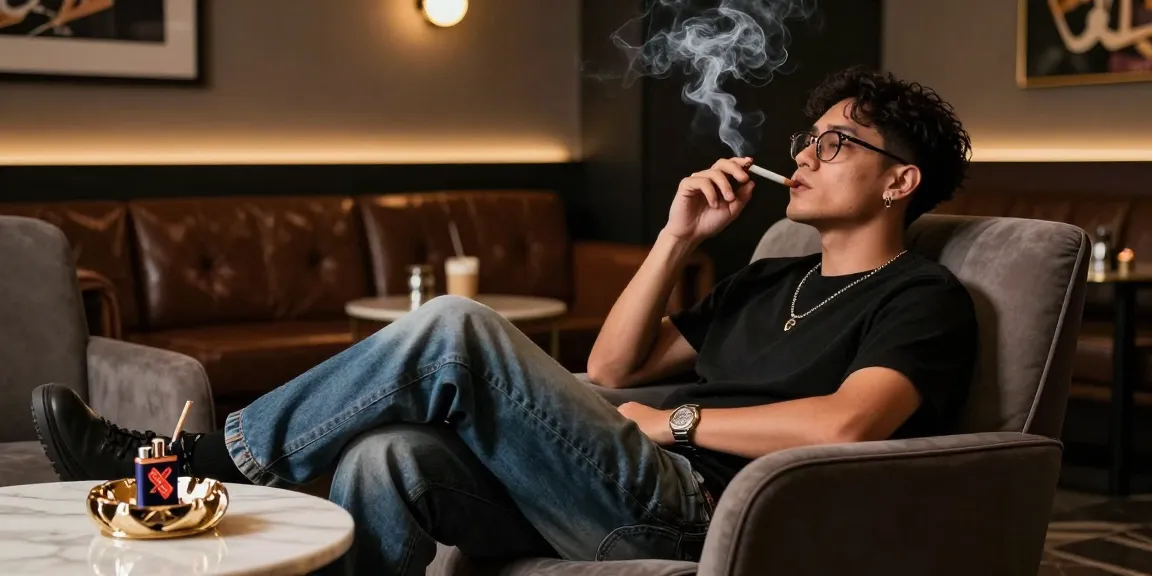 Stylish individual enjoying rokok88 smoke in modern lounge