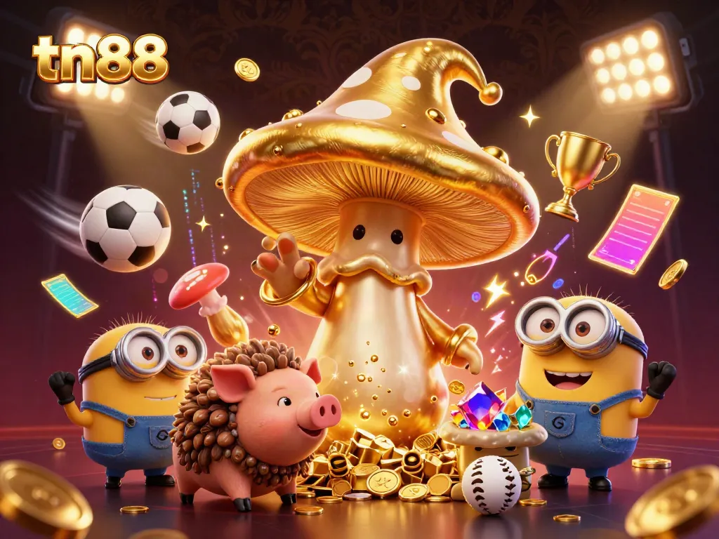 Experience the magic of tn88 with a vibrant 3D scene featuring a wizard and sports elements, emphasizing excitement in gambling.