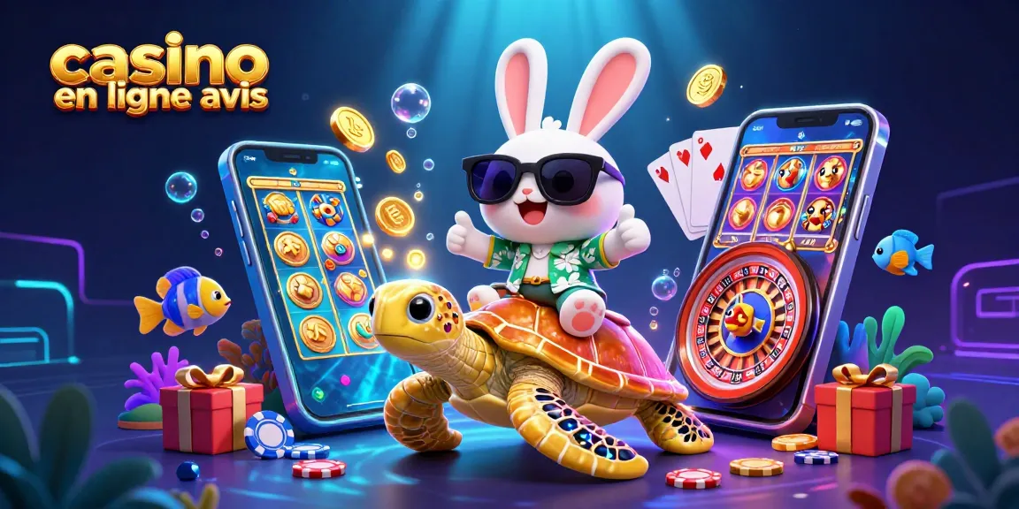 casino en ligne avis : illustration dynamique du lapin chanceux et tortue en jouant.