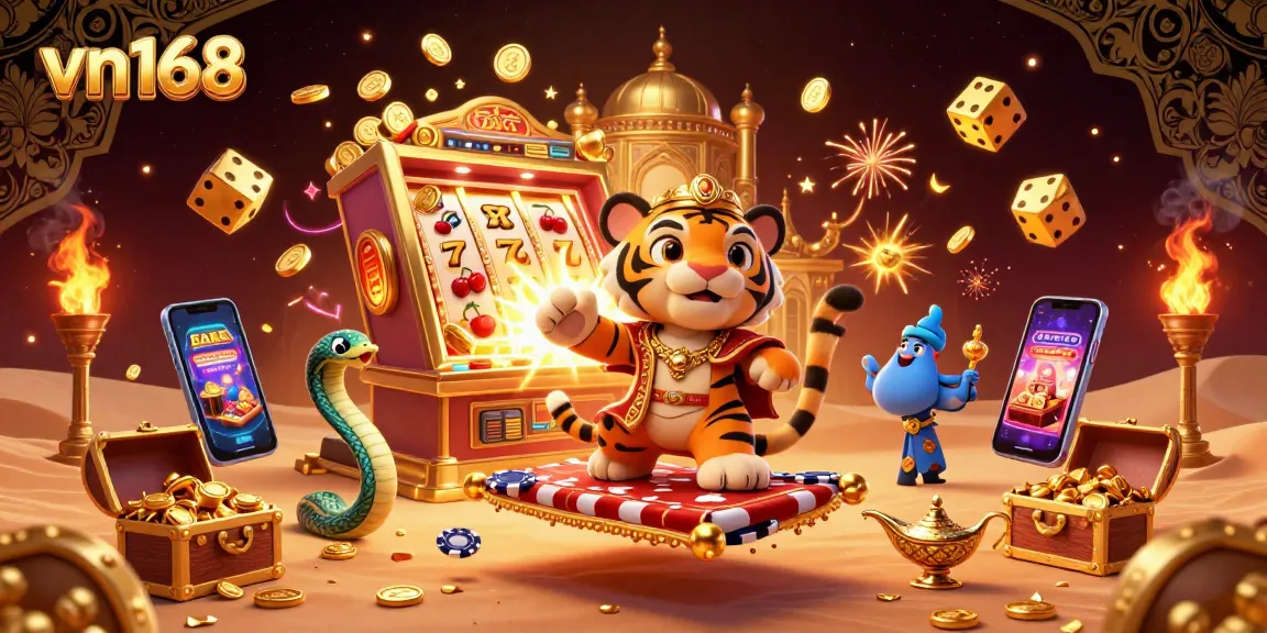 Experience the excitement at vn168 with a thrilling Arabic-themed casino adventure featuring a tiger sultan and treasure!