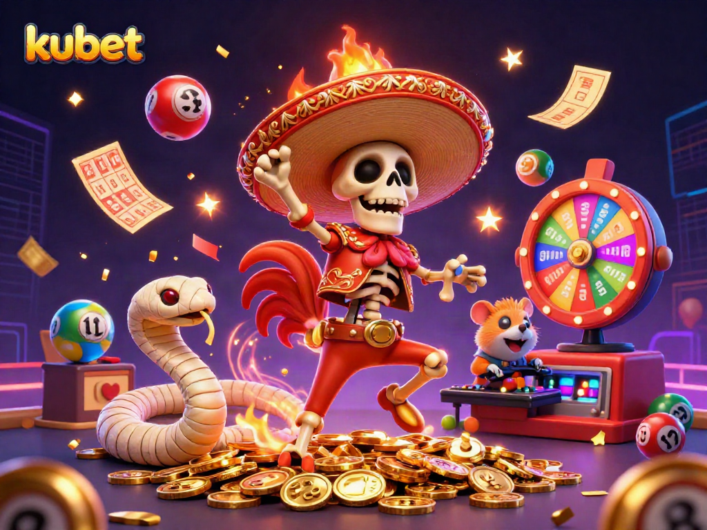 kubet lively casino illustration featuring animated characters celebrating with lottery elements.