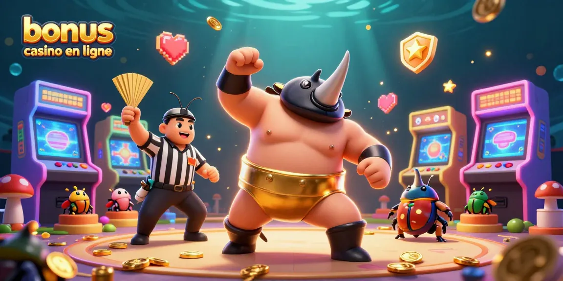 Illustration d'un bonus casino en ligne avec un scarabée rhinocéros sumo, des pièces d'or volantes et des machines à sous.