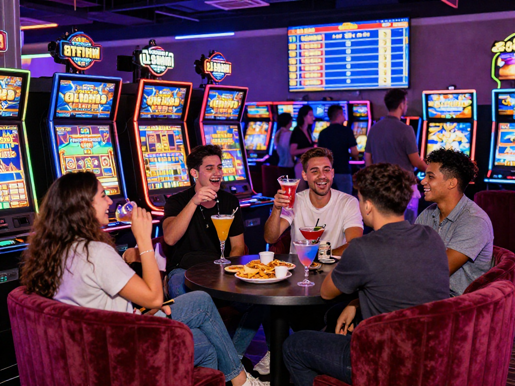 Friends enjoying vibrant slot88 gaming experience in a lively lounge.