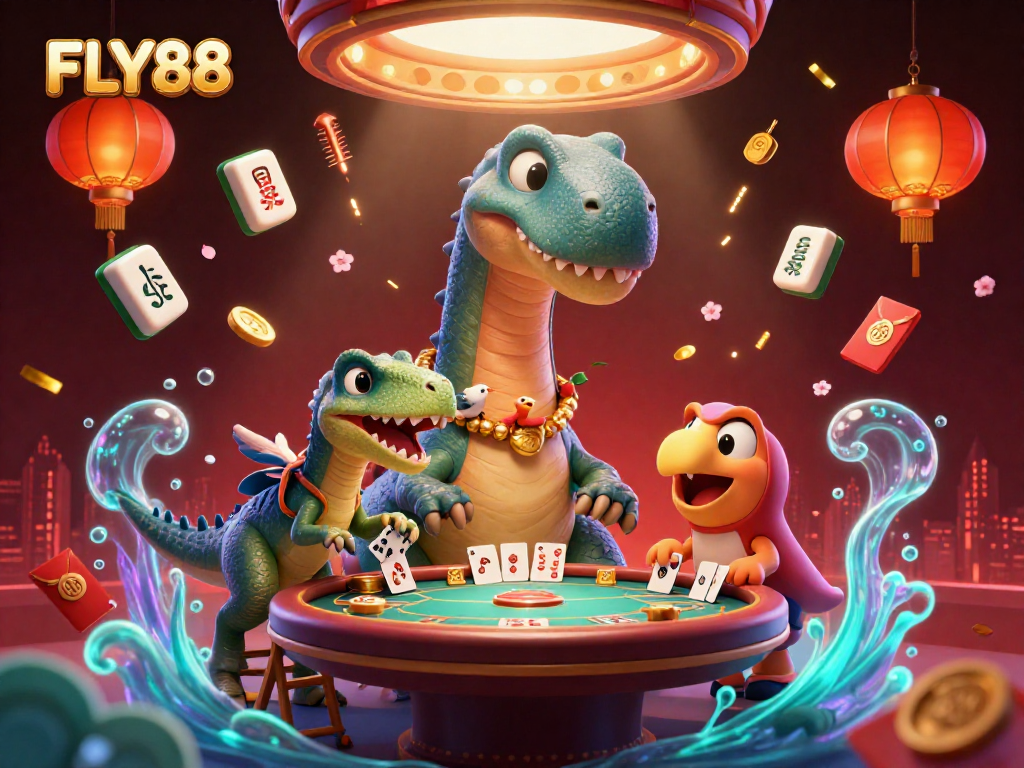 FLY88 features a whimsical casino scene with a giant brontosaurus overseeing a poker game, creating a playful gambling atmosphere.