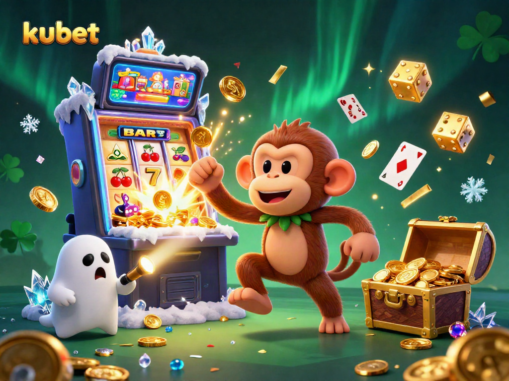 Engage with kubet in this vibrant casino scene featuring golden coins, slot machines, and playful cartoon characters.