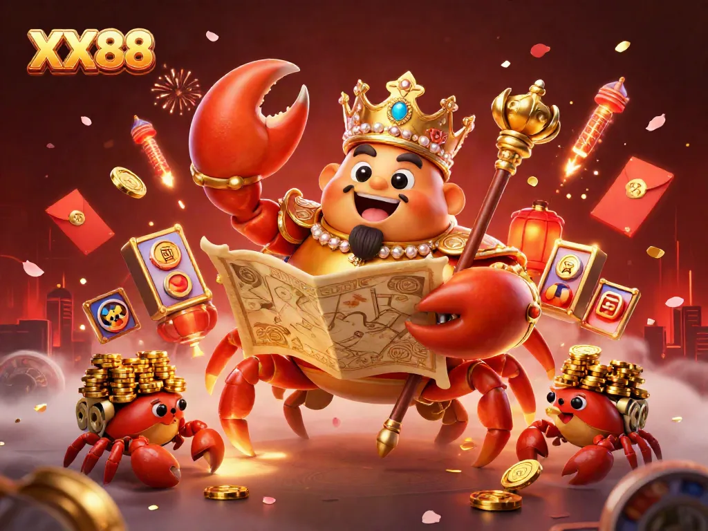 Experience the excitement of XX88 with a golden crab emperor in a vibrant casino-themed setting.