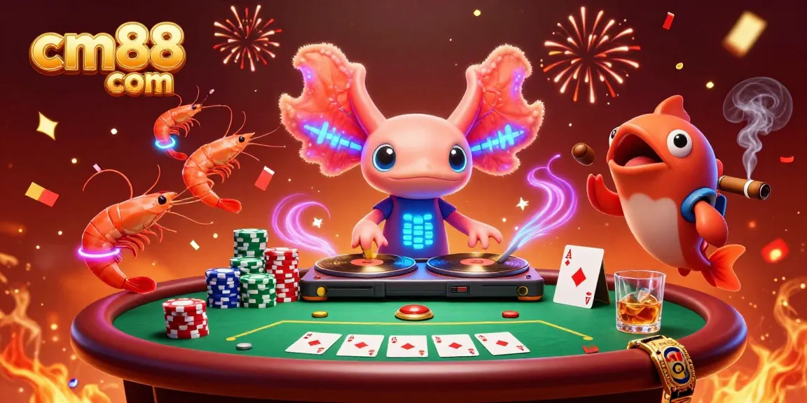 Experience the vibrant atmosphere of cm88 com with a 3D casino scene of neon axolotl DJ and poker elements.