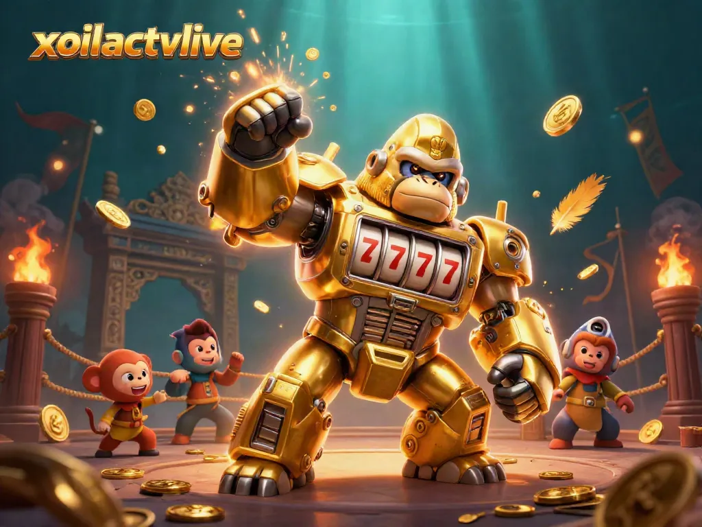 Engage with the dynamic world of xoilactvlive, showcasing a vibrant 3D mech-inspired scene with casino elements.