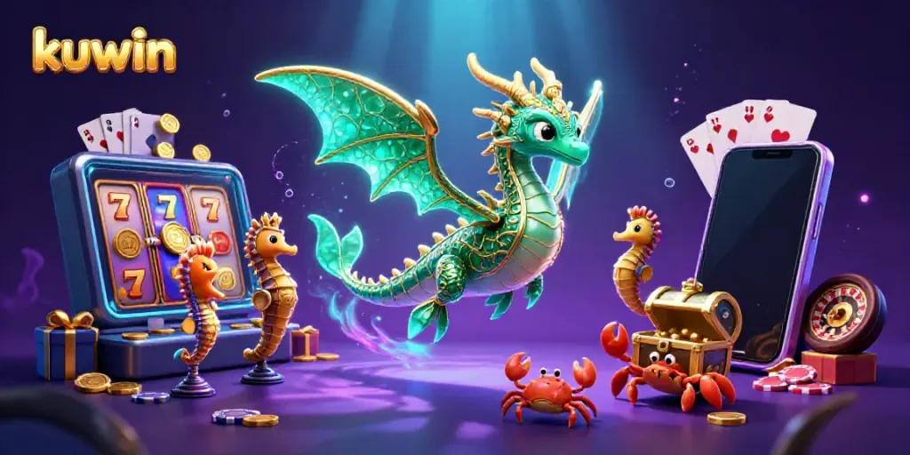 Experience thrilling slots with kuwin as an emerald sea dragon adds excitement in a vibrant 3D scene.