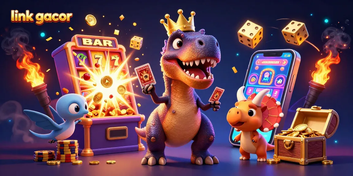 Experience the thrill at link gacor with a vibrant casino scene featuring colorful slot machines and playful characters.