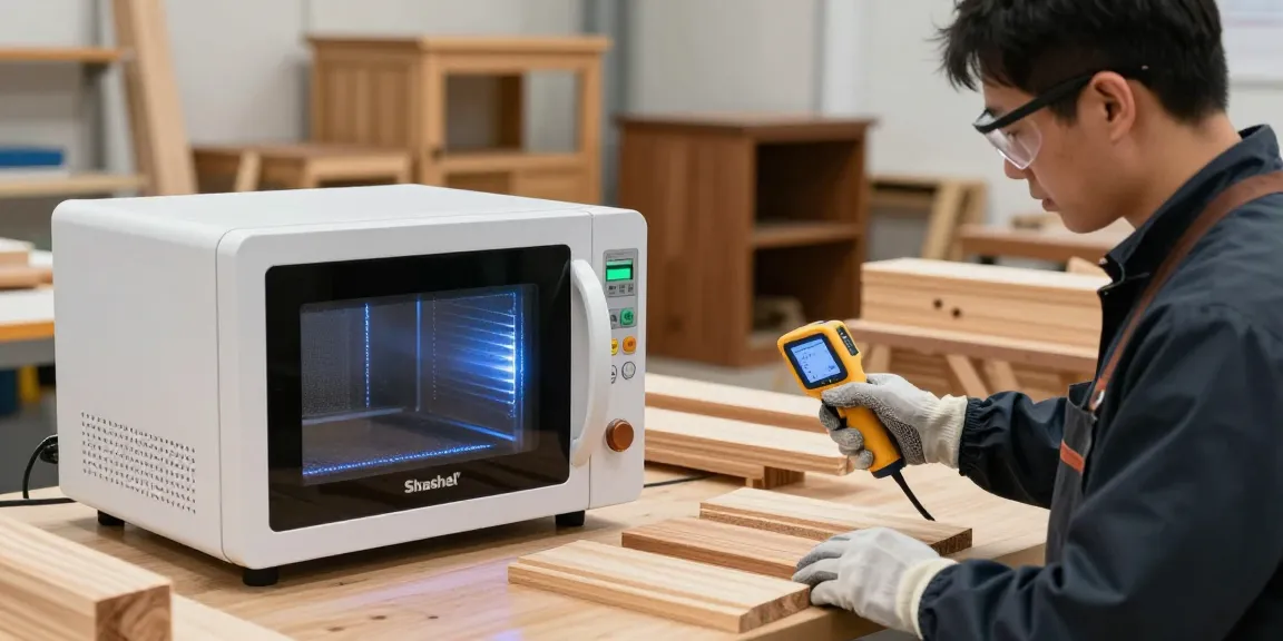 Shashel microwave technology eliminating wood-boring insects in a professional workspace.