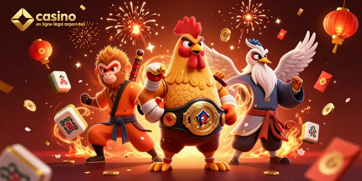Jouez au casino en ligne légal argent réel avec des personnages de combat et des éléments festifs dans un décor dynamique.