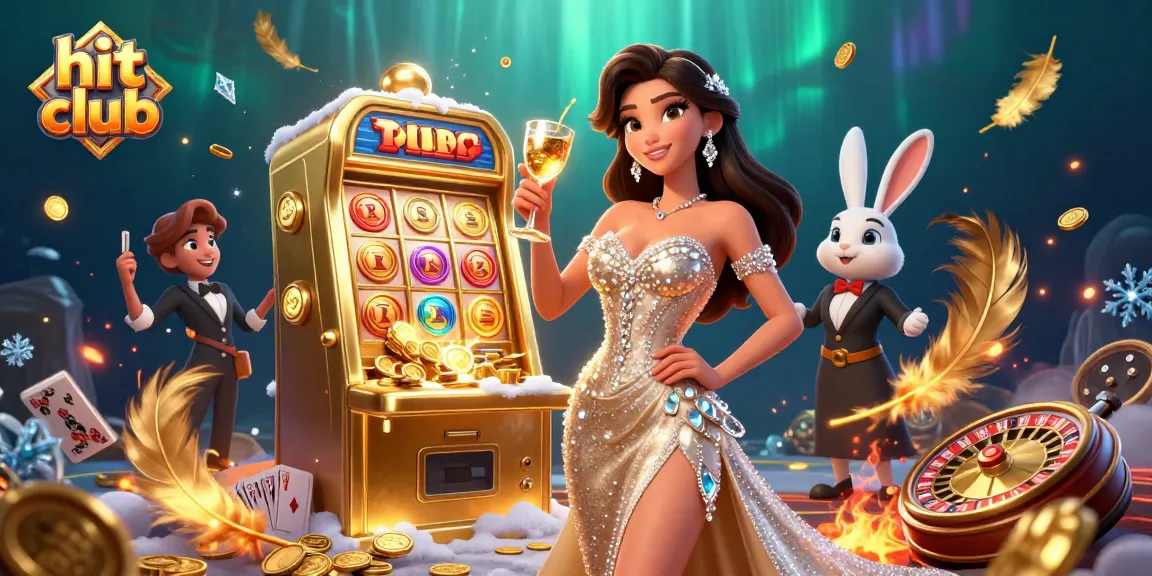 Engage in the vibrant hit club gaming scene with a glamorous woman celebrating beside a jackpot slot machine.