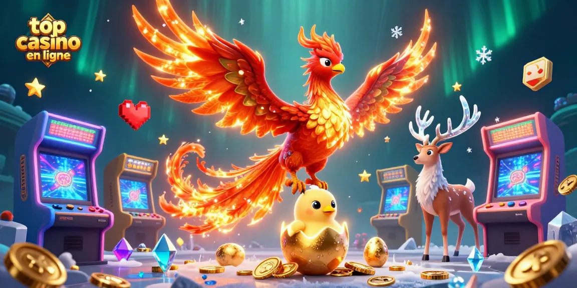 Jouer au top casino en ligne avec un phénix flamboyant et des machines à sous colorées.