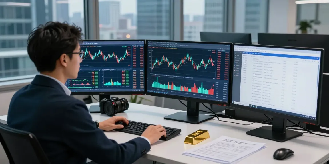 Analyst reviewing gold backtesting market data in a modern trading office environment