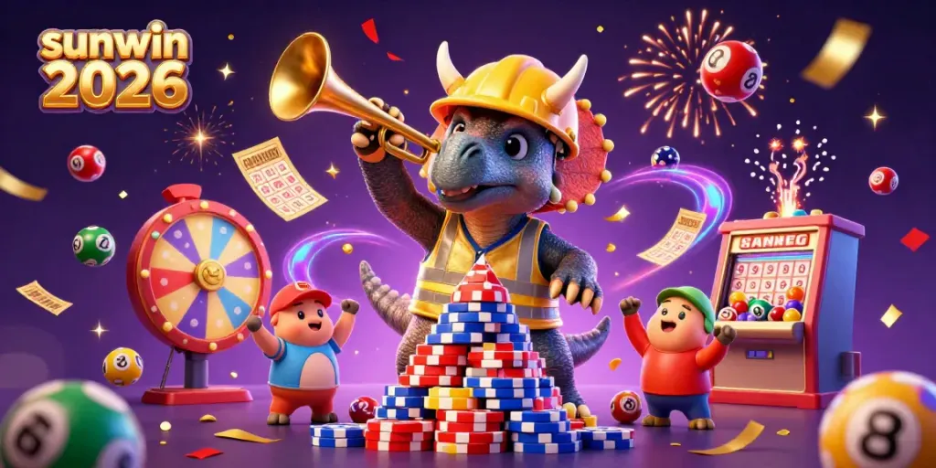 Experience excitement with sunwin 2026 as triceratops build poker chip pyramids amidst vibrant casino elements.