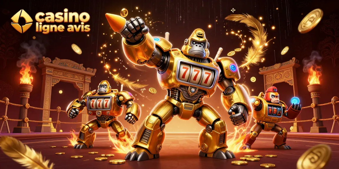 Illustration dynamique de casino en ligne avis avec un gorille doré transformateur et des éléments de jeu autour.