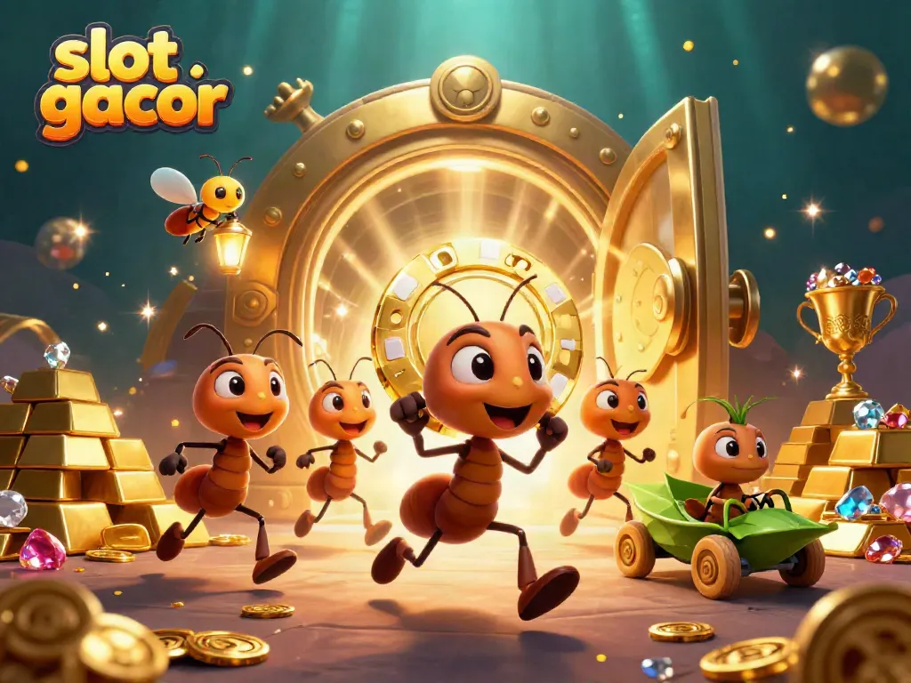 Cute ants stealing a giant poker chip at a vibrant slot gacor setup, showcasing casino life.