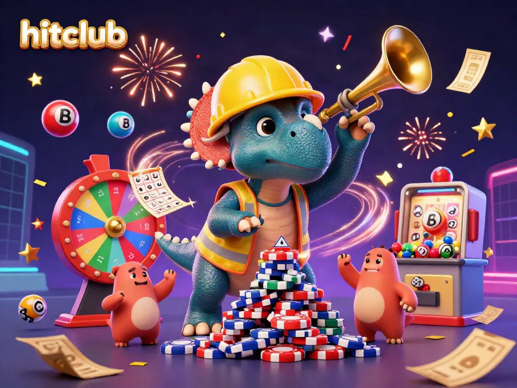 Hitclub celebrates with a cheerful triceratops and friends amidst bouncing lottery balls and a vibrant atmosphere.