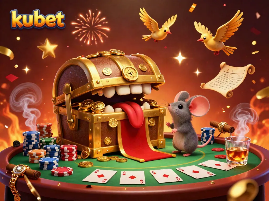 Engage with kubet's lively 3D casino scene showcasing whimsical treasure chests, poker chips, and vibrant energy.