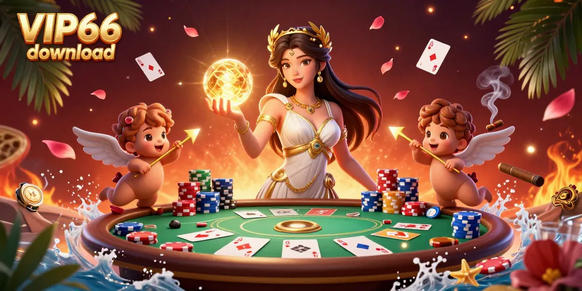 Experience seamless VIP66 download with animated gambling elements and games in vibrant casino scene.
