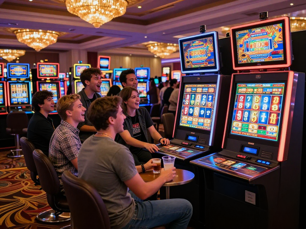 Friends enjoying slot88 gameplay in a lively casino with colorful lights and vibrant atmosphere