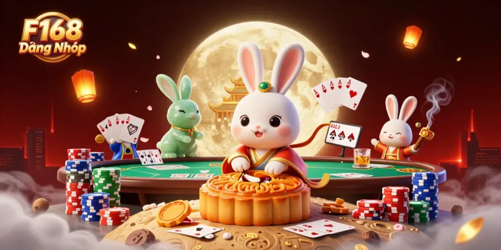 F168 Đăng Nhập showcases a magical moon rabbit game scene with poker chips and lively casino elements.