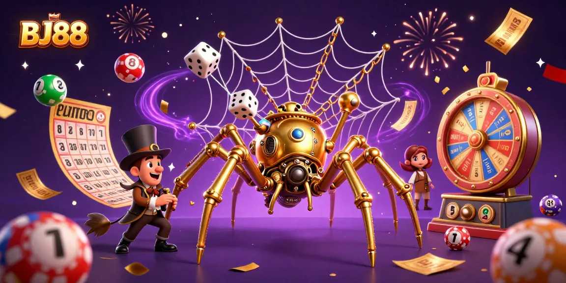 BJ88 brings vibrant energy with a steampunk spider weaving gold chains amidst spinning lottery and bingo elements.