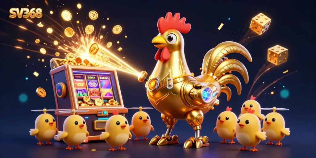 SV368 offers an engaging experience of dynamic casino games with a futuristic golden rooster robot and baby chick drones.