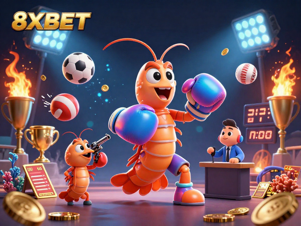 Engage in thrilling gameplay at 8XBET with a dynamic illustration of ocean-themed fighters and sports elements.