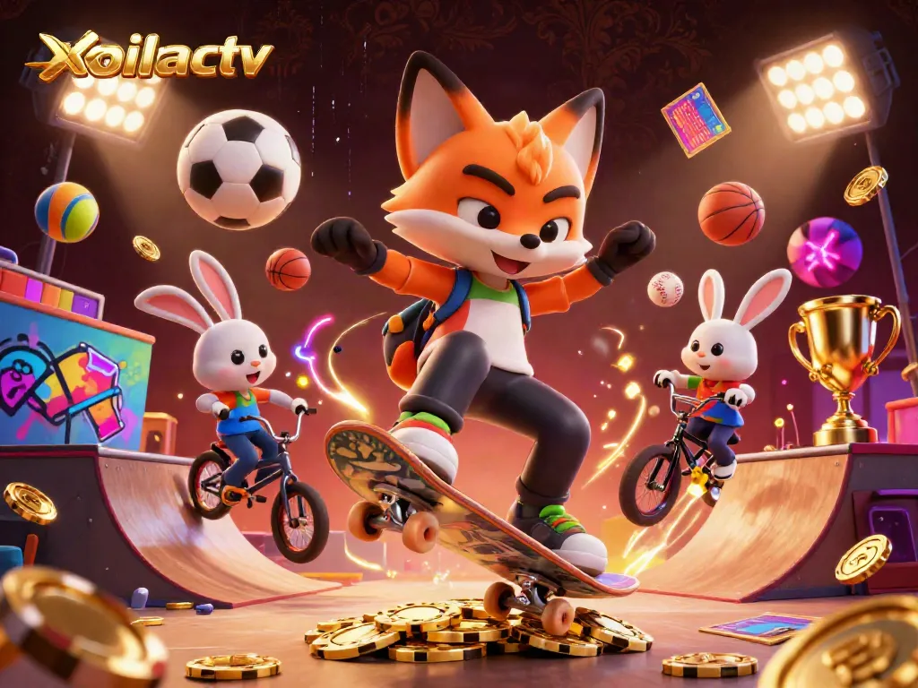 Xoilactv showcases a vibrant scene with a cartoon fox and rabbit in a dynamic skateboarding casino atmosphere.
