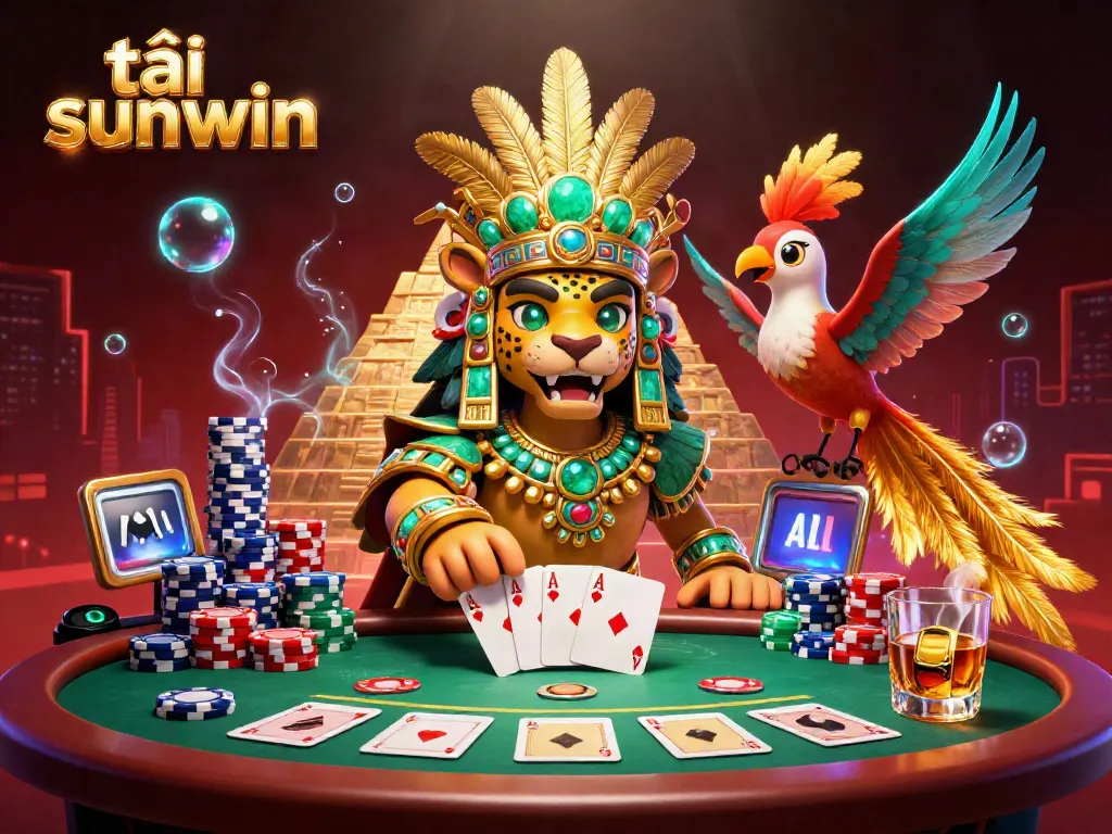 Engage in excitement with the vibrant casino atmosphere in the scene representing tải sunwin, featuring detailed Mayan characters and gambling elements.