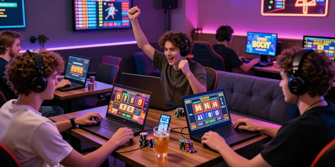 Exciting scene of players enjoying slot online games in a vibrant gaming lounge with colorful graphics and energetic atmosphere.