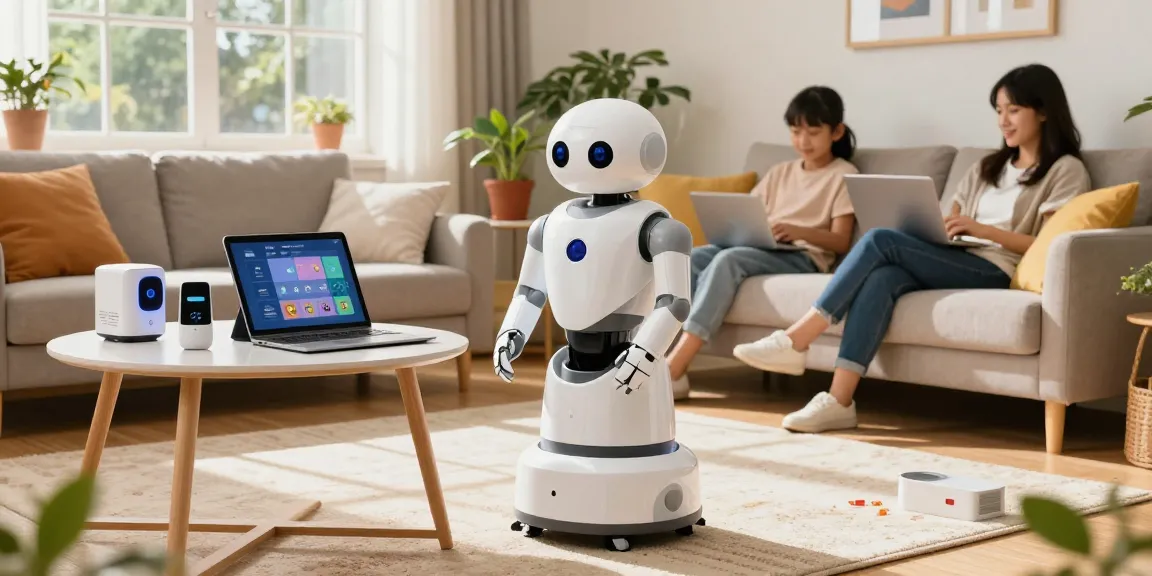 A humanoid home robot efficiently organizing chores in a family living room, showcasing innovative home technology and a cozy atmosphere.