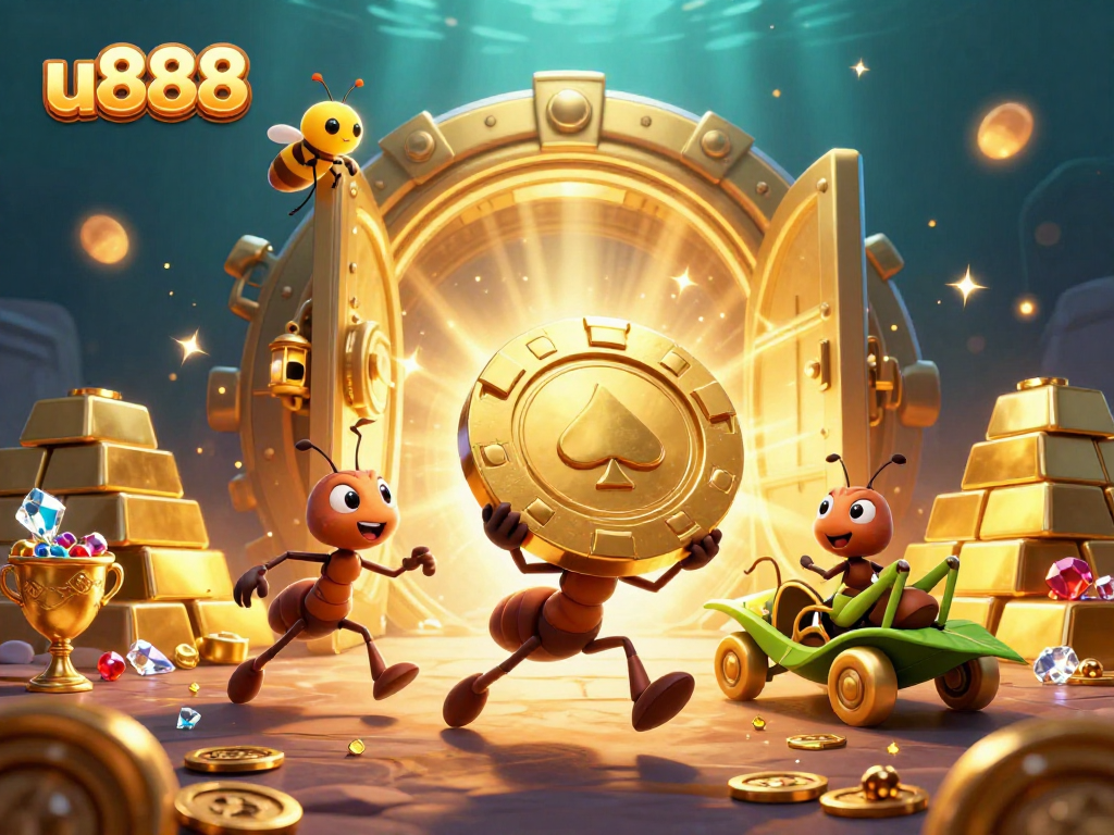 Engage in thrilling gameplay with u888, capturing the excitement of a golden poker chip heist.