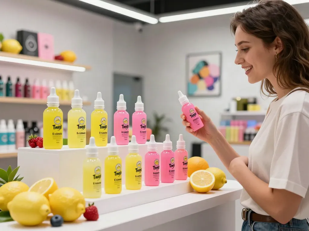 Lemon Twist E-Liquid bottles displayed among fresh fruits in a vibrant vape shop.