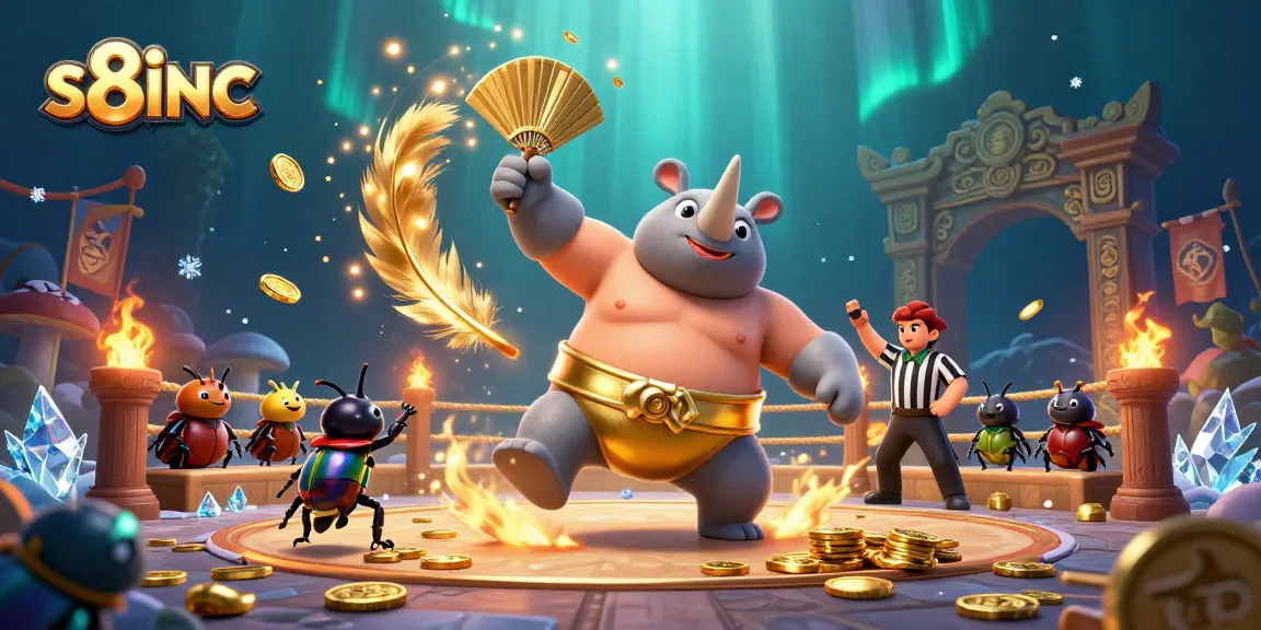 S8inc captures an intense gambling scene with a rhinoceros beetle champion and a cricket referee amidst a flurry of gold coins.