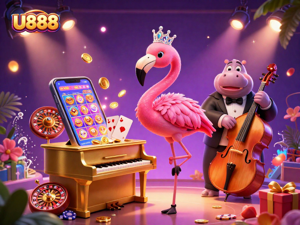 Join the U888 flamingo singer and hippo bassist in a vibrant casino scene, celebrating slot games!