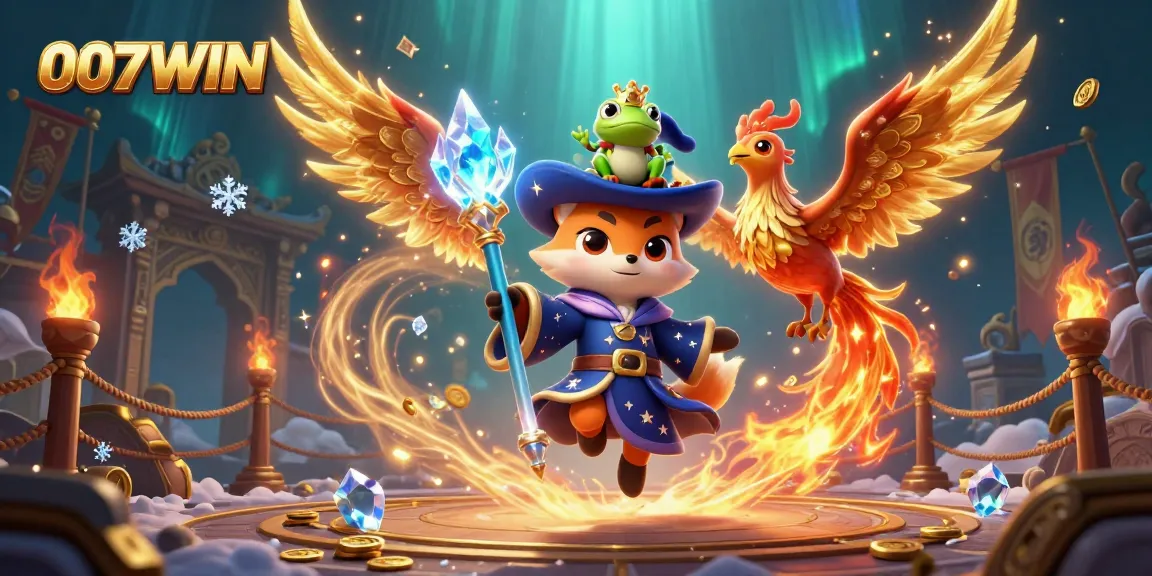 Dive into the world of 007WIN with a vibrant casino-themed illustration showcasing a mystical wizard fox and a fiery phoenix.