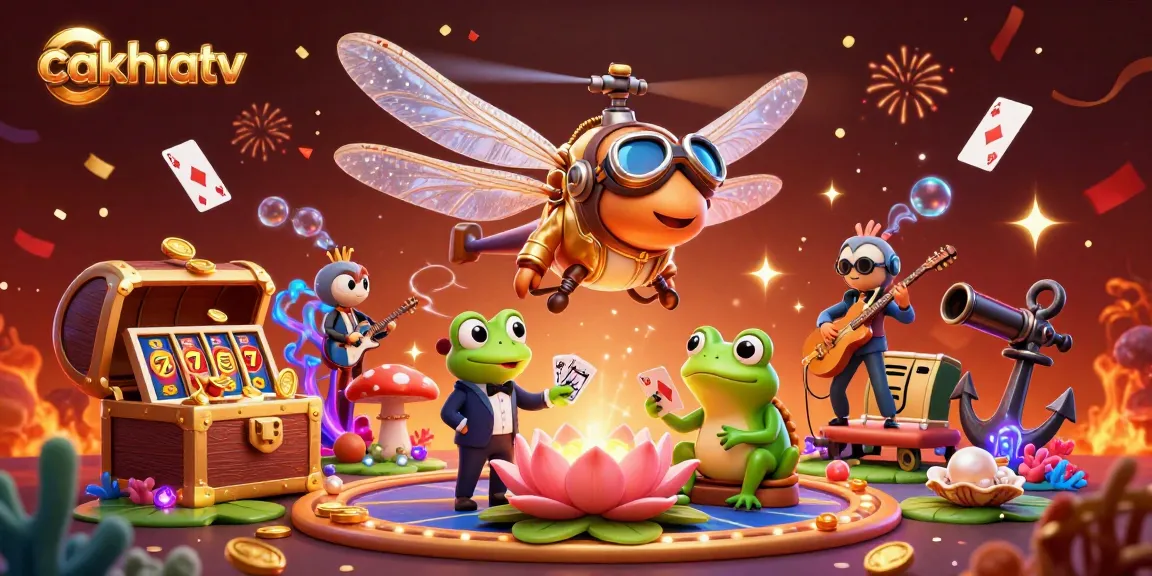 Cakhiatv showcases a captivating 3D animated scene of a dragonfly pilot and frog croupier amidst casino elements.
