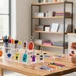 Custom clear acrylic keychains displayed in a vibrant studio, showcasing vivid colours and intricate designs.