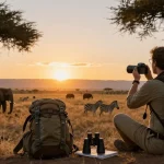 A traveler at Kidepo Valley National Park enjoying the sunset, capturing wildlife moments with NAGA2000 travel guide.