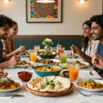 Experience the flavors of rokok 88 with friends enjoying authentic curry and momo in a vibrant restaurant setting.